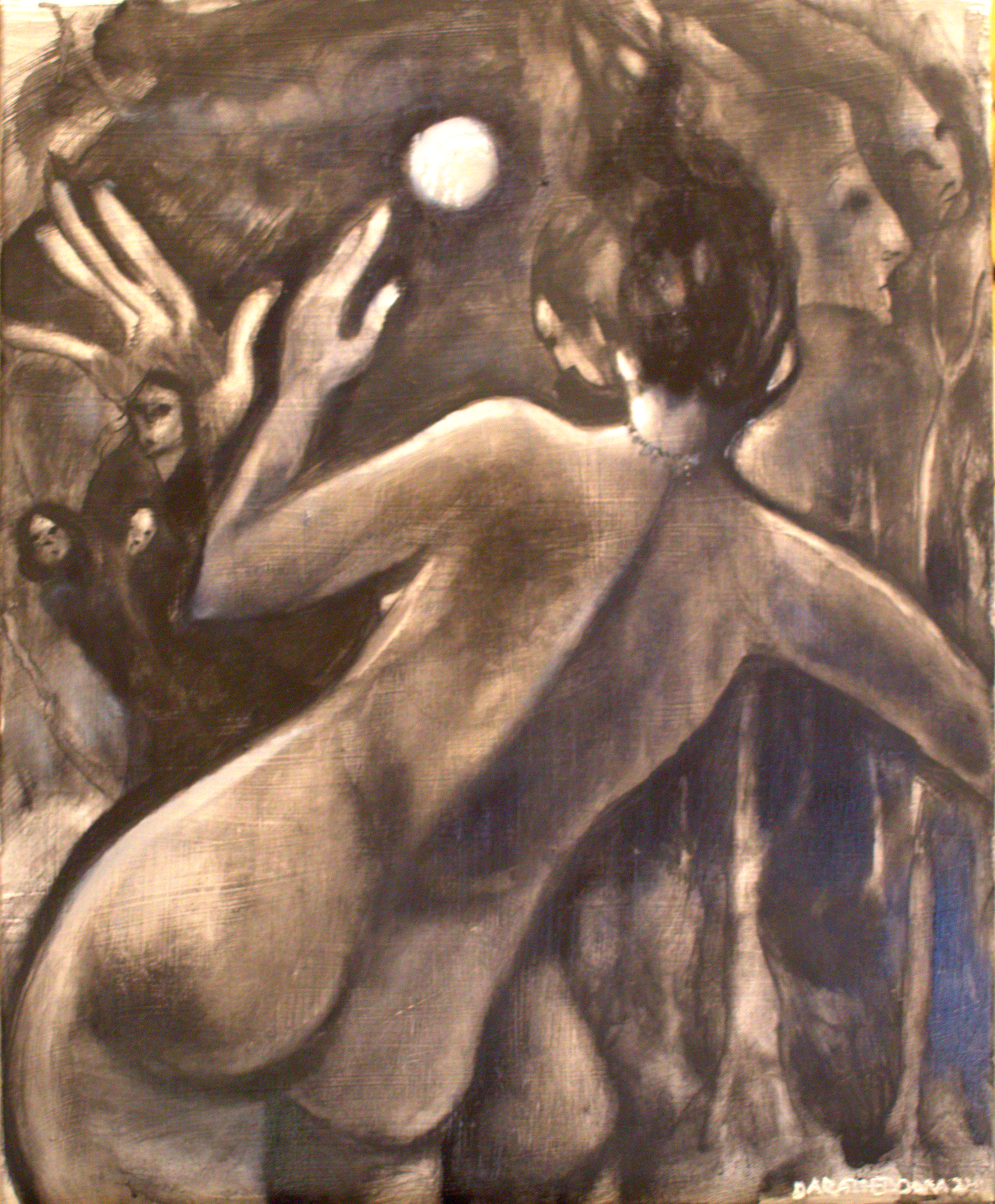 Black and white figure of the back of woman. Echoes of her face appear.