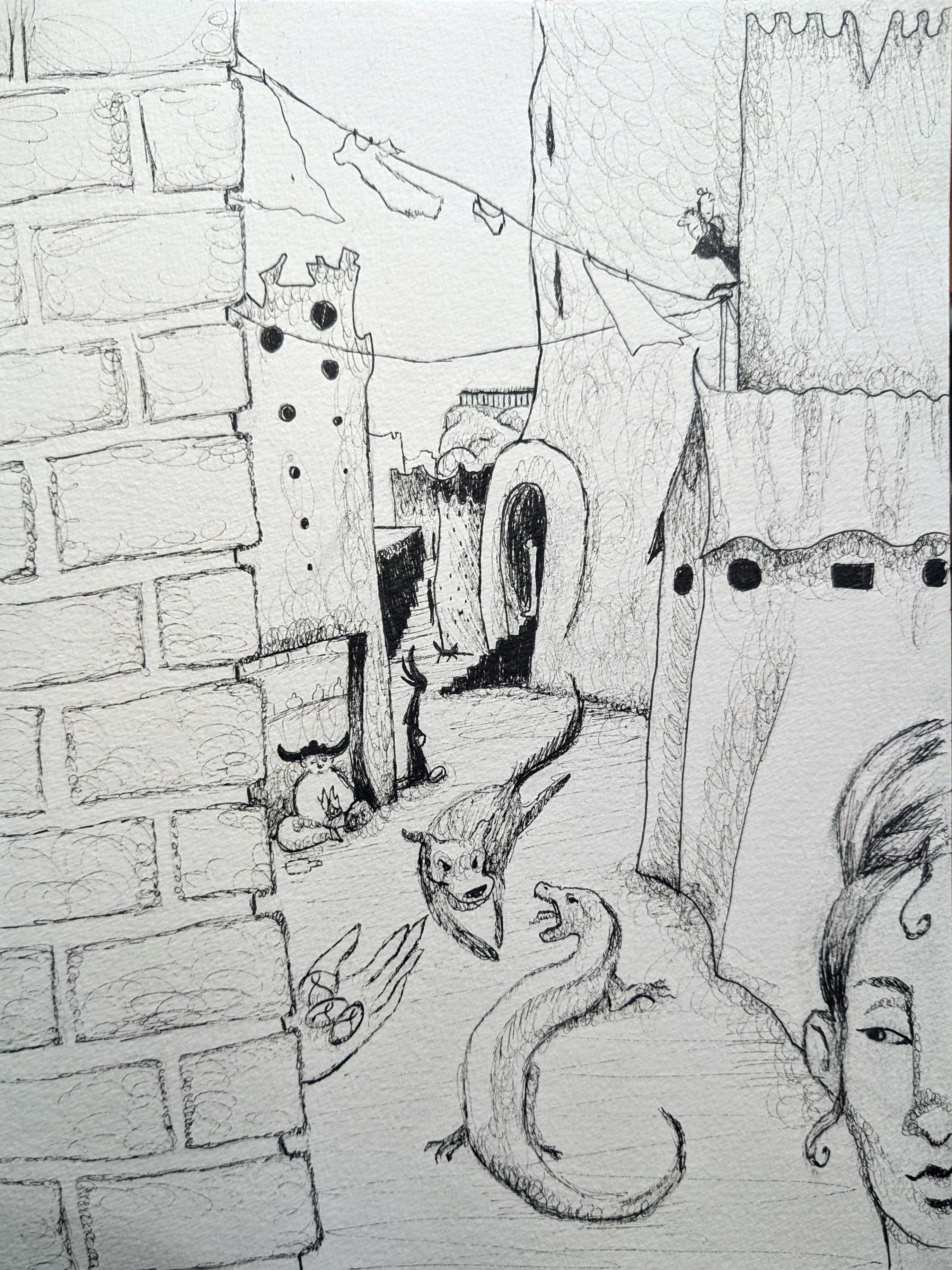 Chaotic and surreal fantasy city scene in black and white. There are a lot of crooked houses, a woman with laundry, a dog and lizard fight, a cropped figure looking to the side, and fantastical architecture that has few right angles.