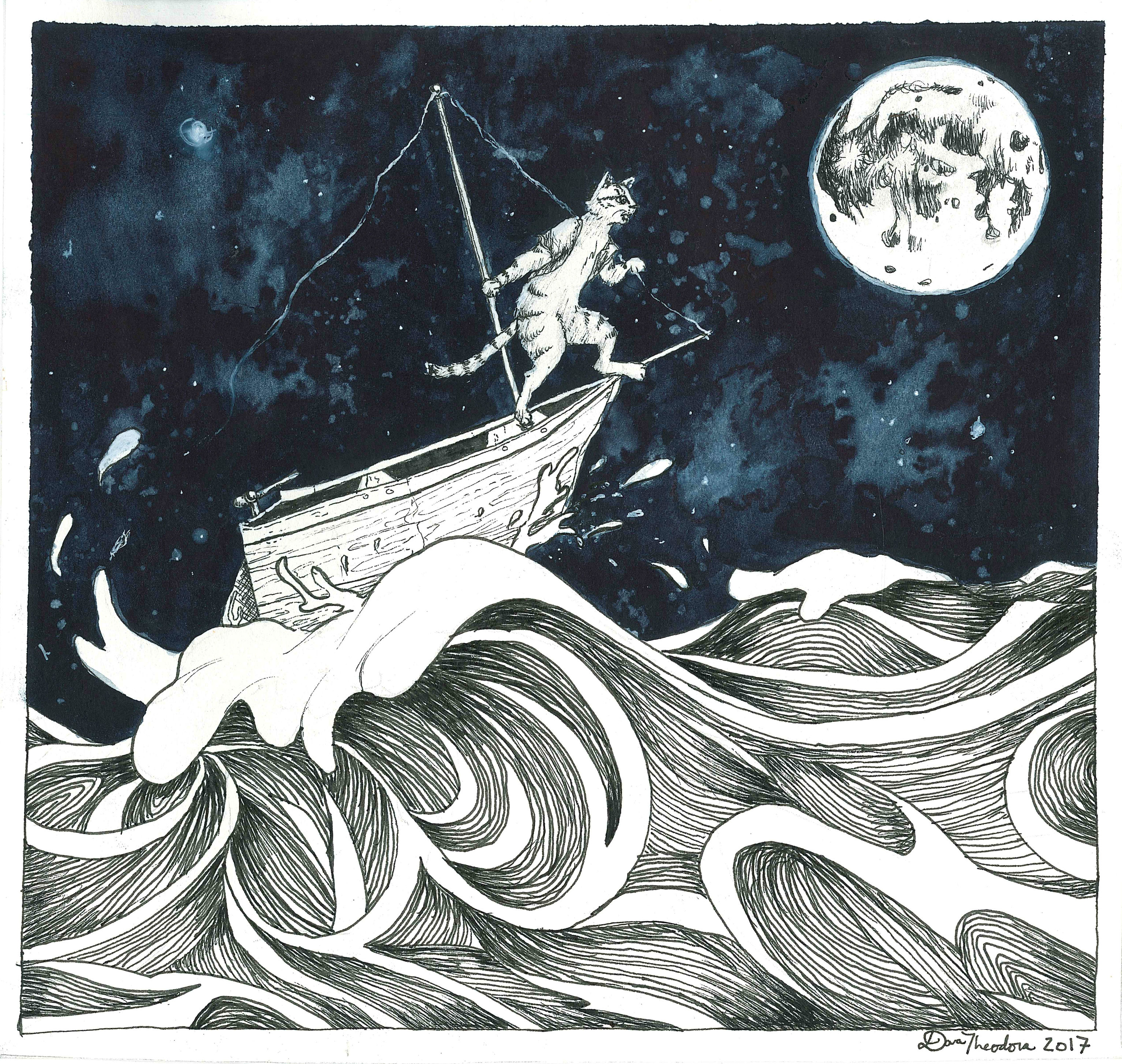 Illustration of a tabby cat on a small boat on unruly waves under a full moon.