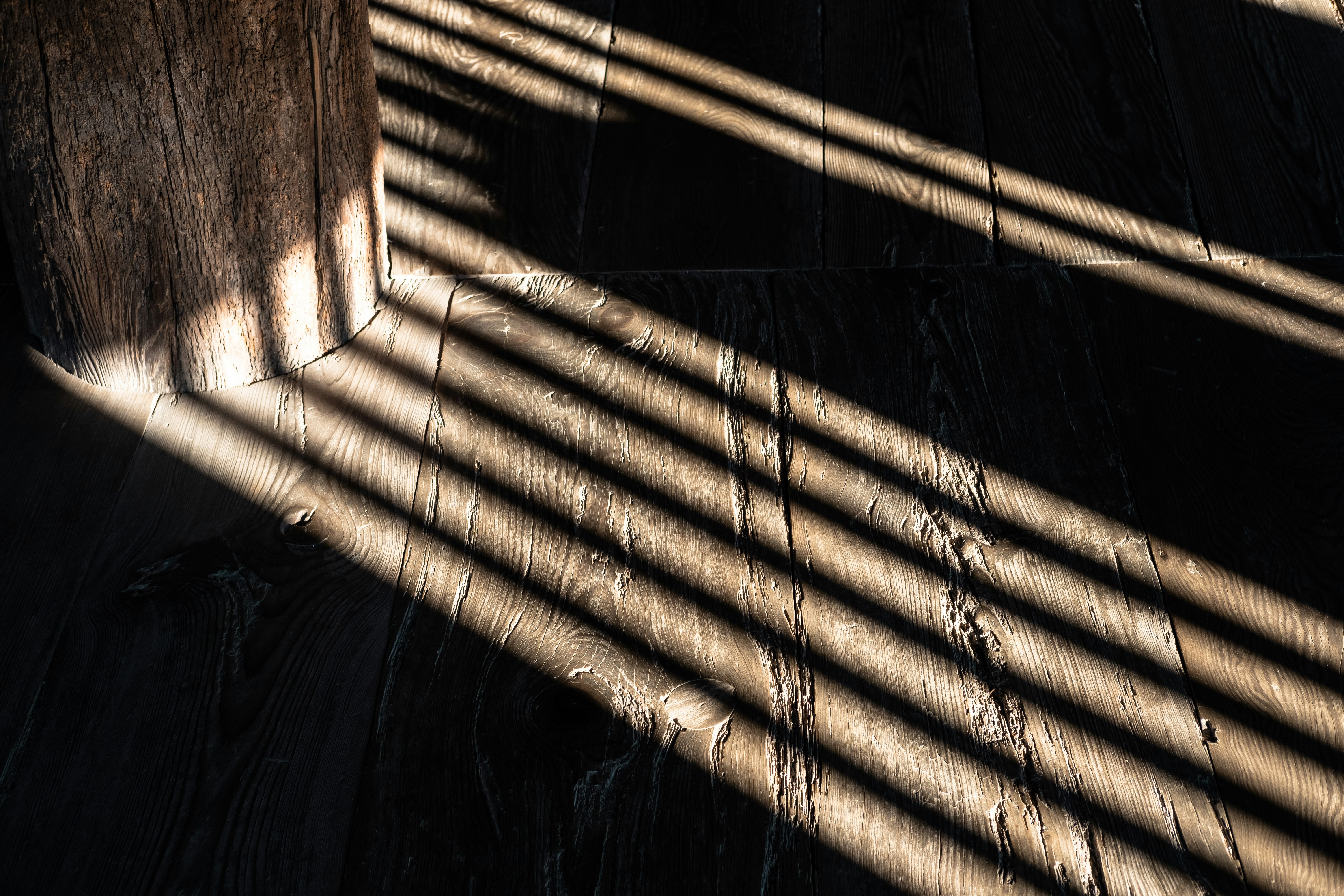 Shafts of light on a wooden temple floor.