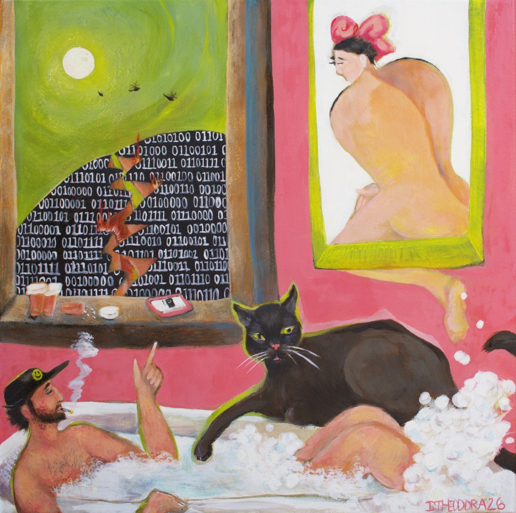 Bright contemporary millennial surrealist painting in pink and chartreuse showing a binary broken world and three helicopters in the background. A man in a bubble bath wearing a smiley-faced hat makes a finger gun. In the window, a bottle of pills and a glowing phone. A woman in a frame seems to slip.